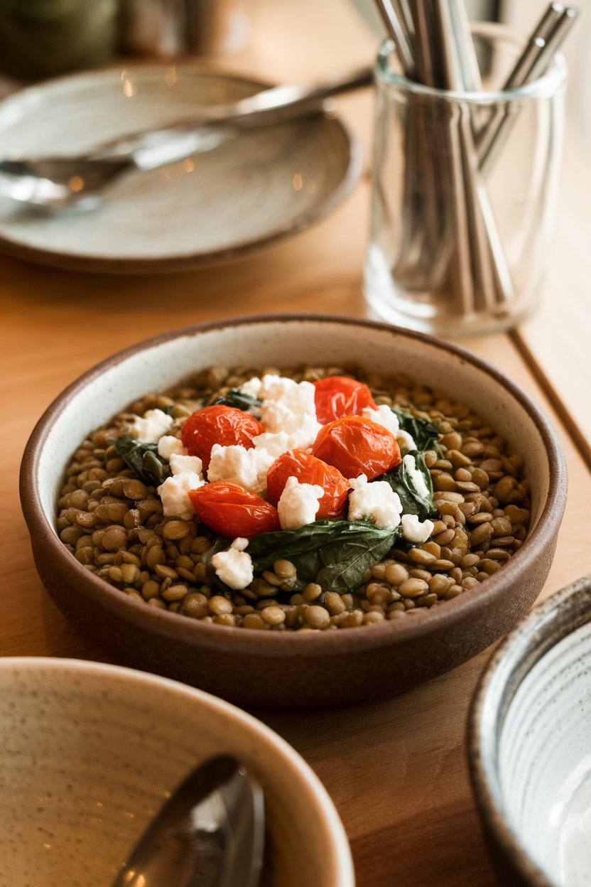 Indoor bistro-style setting featuring a ceramic bowl of warm French green lentils topped with crumbled goat cheese, roasted cherry tomatoes, and baby spinach. Photo only, no text or logos.