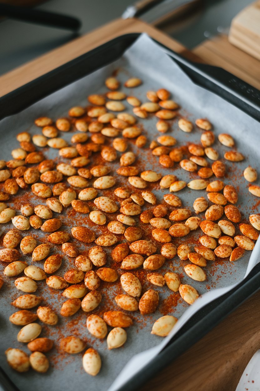 Indoor baking tray with roasted pumpkin seeds coated in chili spice mix, cooling on parchment. No logos or text.