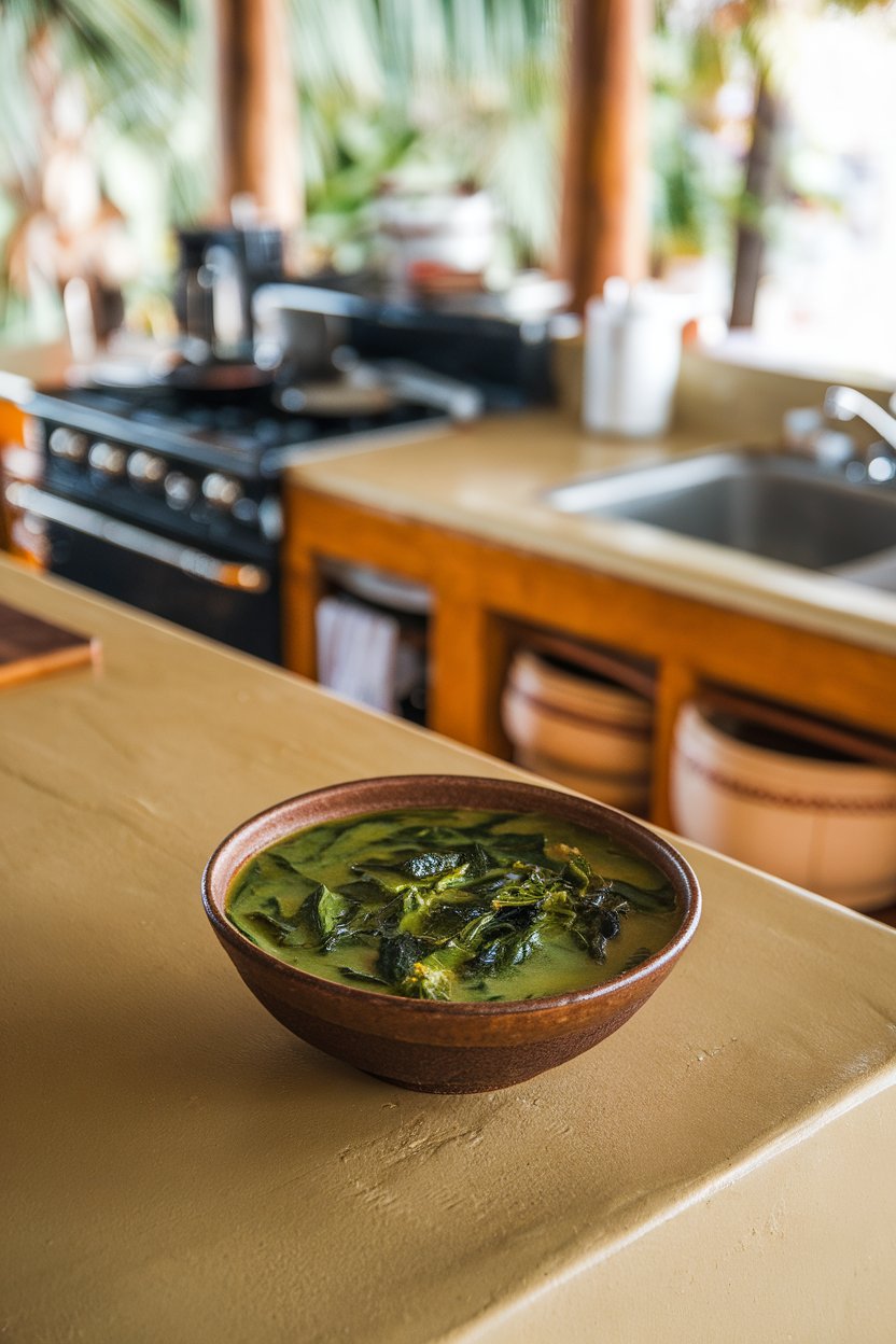 Indoor tropical kitchen island with a bowl of callaloo soup, deep green spinach-like leaves in coconut broth. No text or logos. Photo.