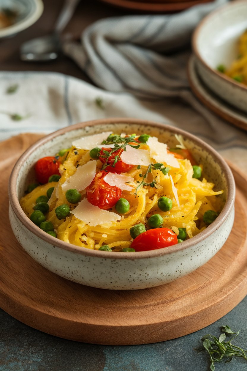 A ceramic bowl indoors filled with roasted spaghetti squash strands tossed with cherry tomatoes, peas, and shaved Parmesan; no text or logos.