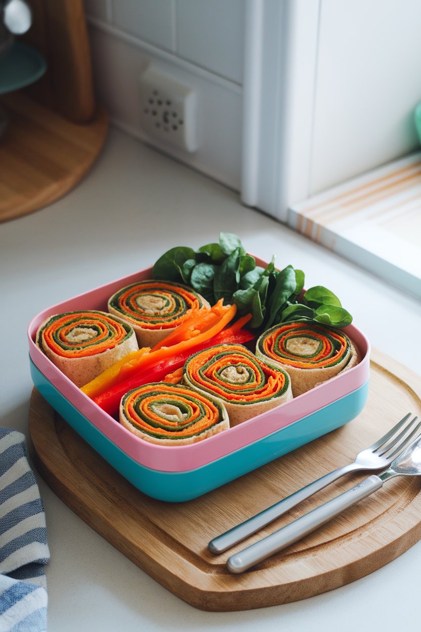 A brightly lit indoor kitchen counter featuring a bento box filled with rainbow veggie pinwheels made from whole-wheat tortillas, hummus, shredded carrots, baby spinach, and thin bell-pepper strips. Photo only, no text or logos anywhere in the scene.