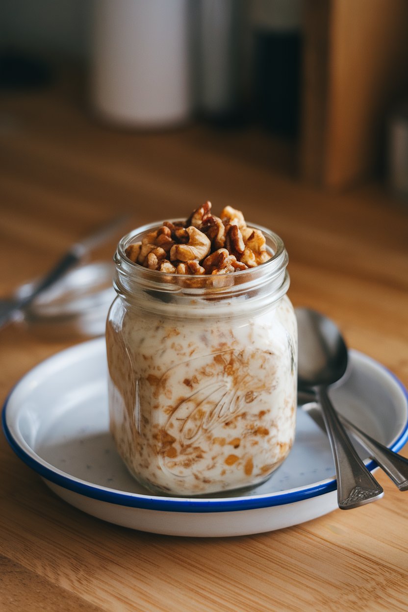 Indoor wooden table shot of a jar brimming with creamy oats, chopped toasted walnuts, and a light drizzle of maple syrup pooling on top. No text or logos. Photo only.
