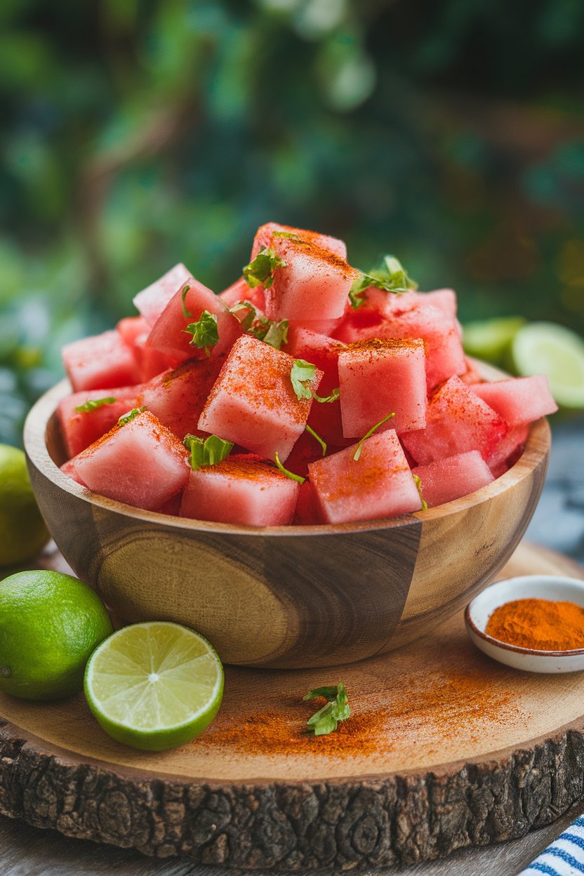 Photo of an indoor serving bowl filled with pink watermelon cubes dusted with chili powder and lime zest, no text or logos