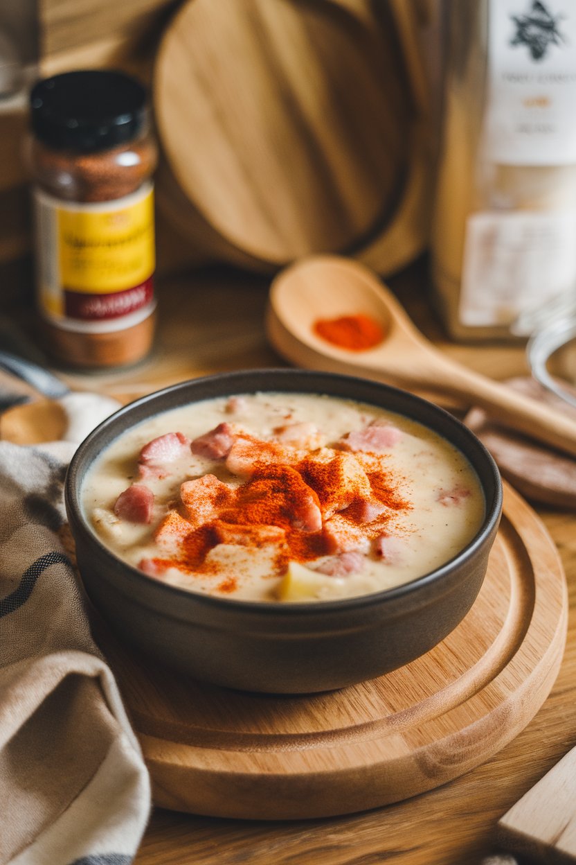 Indoor cozy kitchen scene with bowl of ham and potato chowder, smoked paprika dusting. No text or logos. Photo.