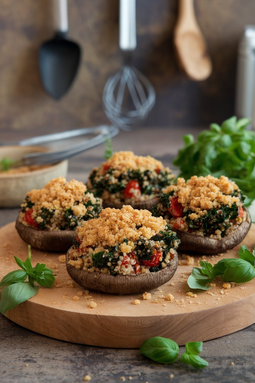 Indoor photo of baked portobello caps filled with quinoa, kale, and cherry tomato blend, golden crumbs on top. No text or logos.
