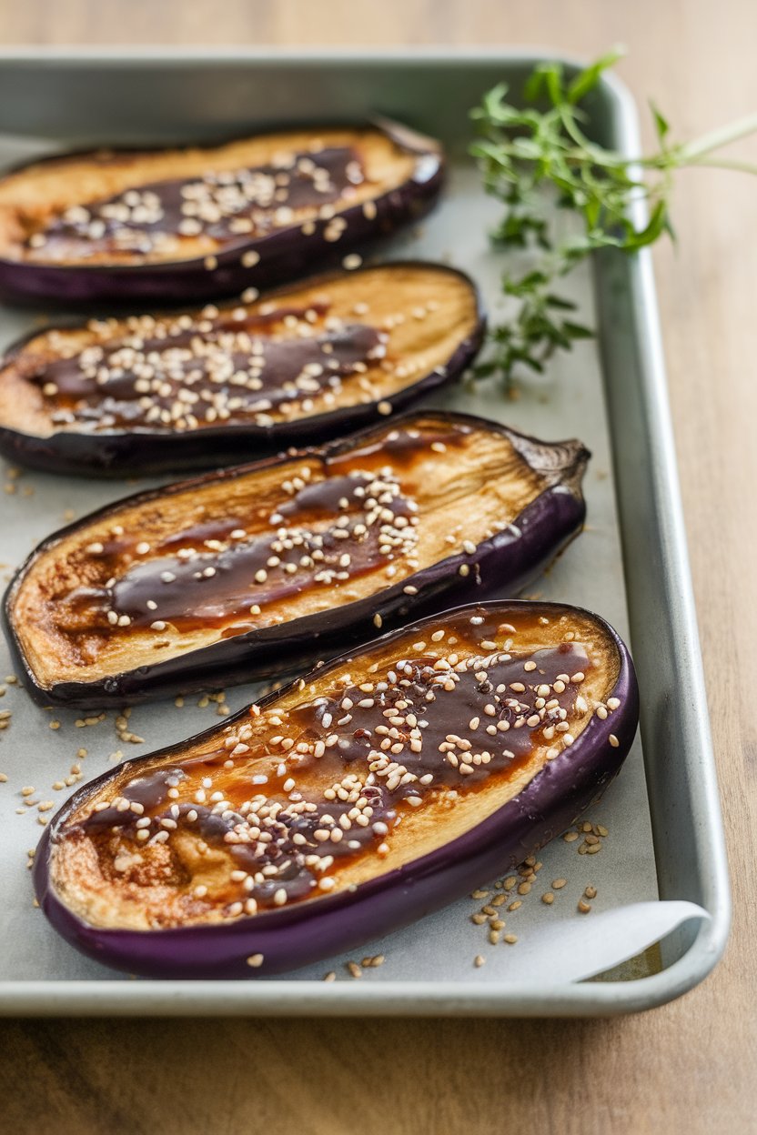 Indoor photo of broiled eggplant slices lacquered with miso glaze on a tray, sesame seeds sprinkled over. No text or logos; photograph.