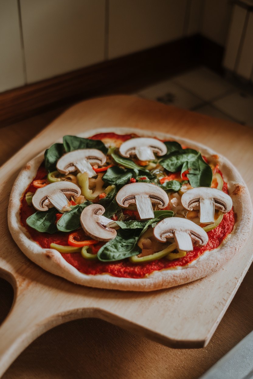 Indoor image of a homemade pizza loaded with mushrooms, spinach, and peppers, ready to slide into the oven. Home-kitchen lighting, no text or logos.