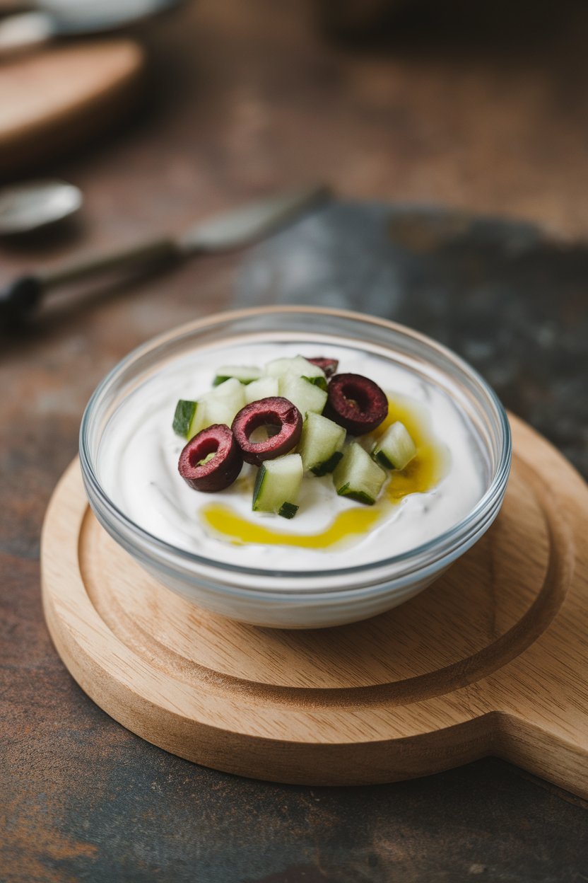 Indoor photo of a bowl of plain Greek yogurt topped with diced cucumber, sliced Kalamata olives, and a drizzle of olive oil, no text or logos