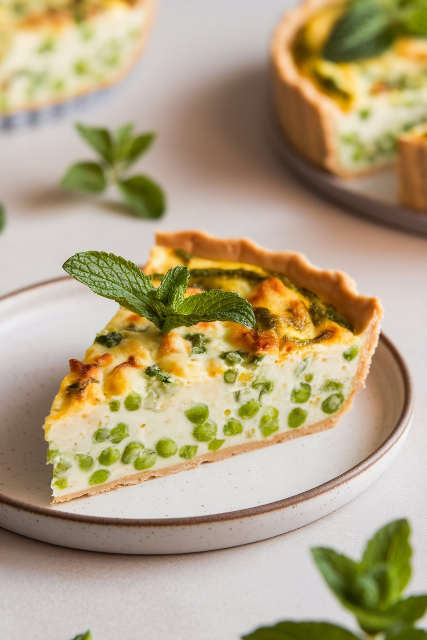 Indoor close-up of pea and ricotta quiche slice with fresh mint leaves garnish, no text or logos.