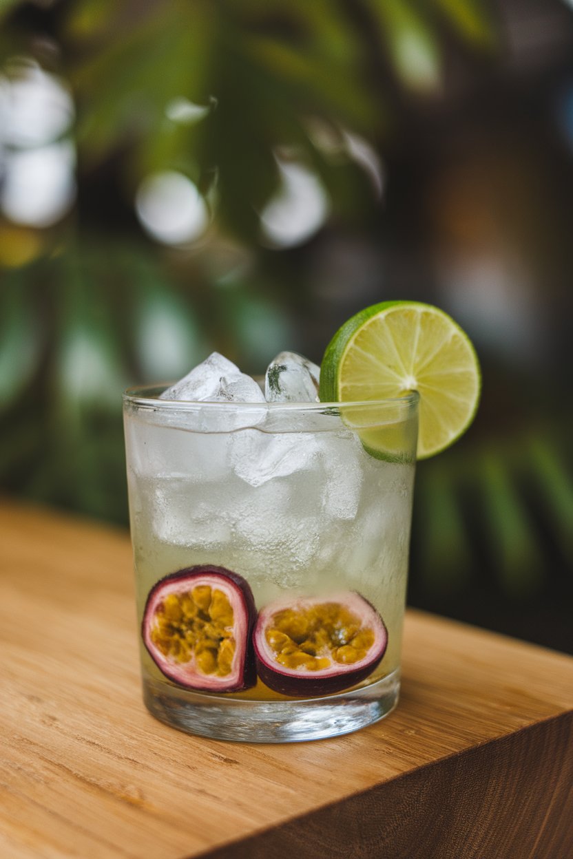 Indoor rocks glass with muddled lime, passionfruit seeds, and cachaça over crushed ice. No text or logos.