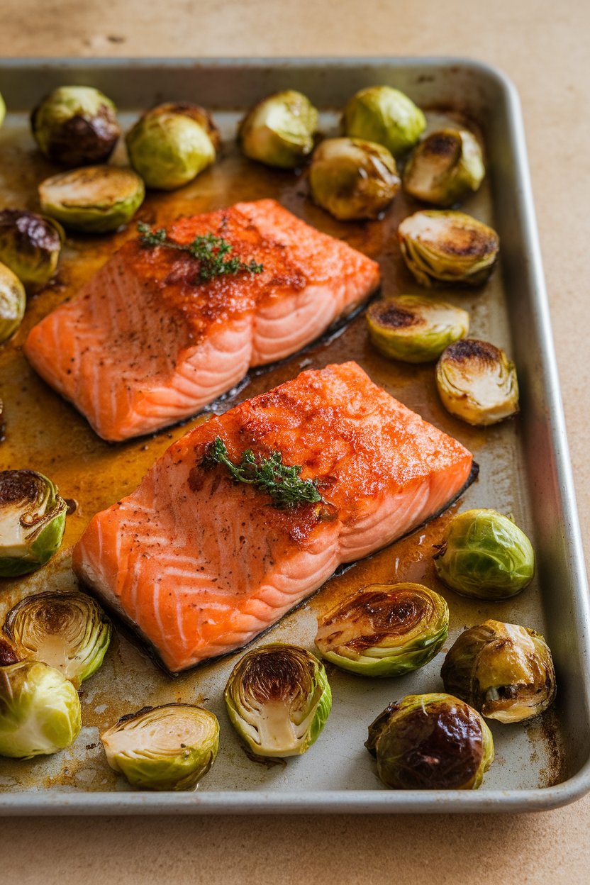 A sheet pan on an indoor table showcasing cooked salmon fillets and halved Brussels sprouts coated in a glossy maple-mustard glaze. No text or logos anywhere.