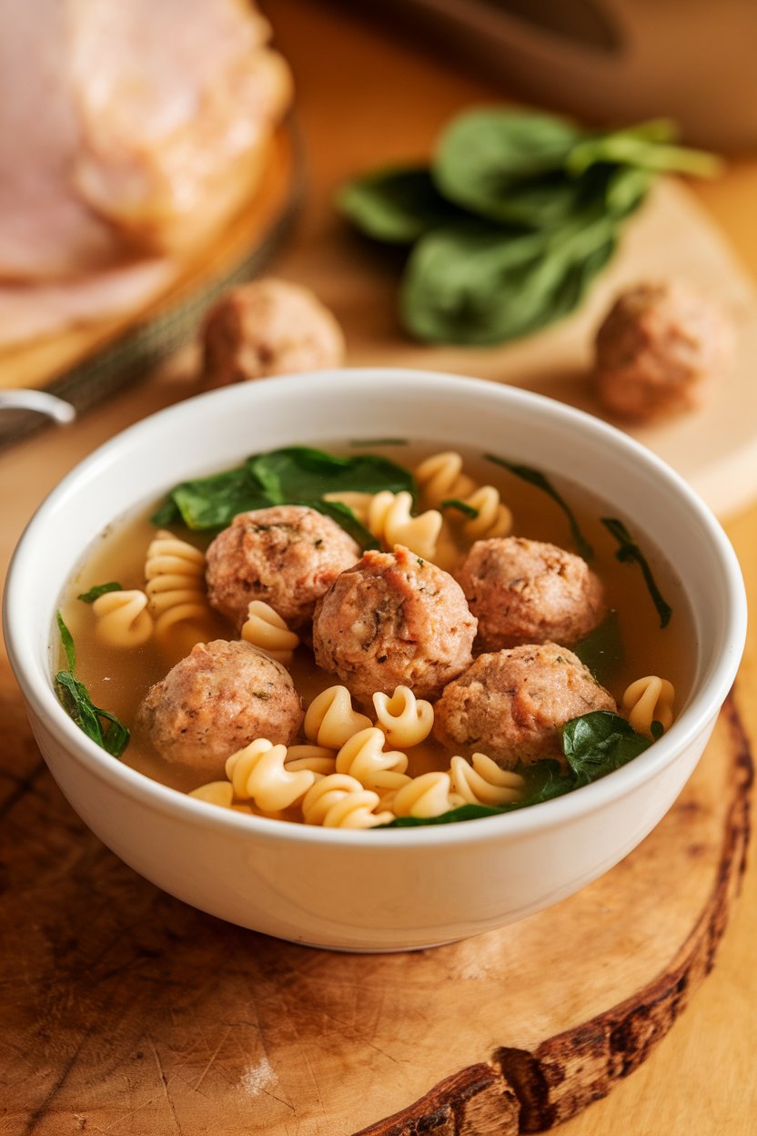 Indoor photo of clear broth soup with mini turkey meatballs, tiny pasta, and spinach in a deep bowl, no text or logos