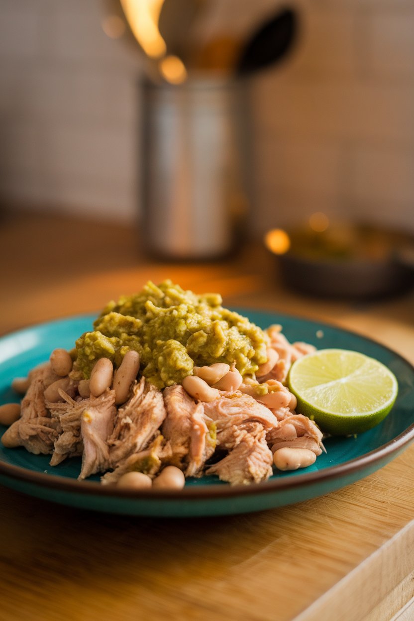 Indoor photo of shredded chicken and white beans coated in salsa verde on a plate, lime wedge, no text or logos