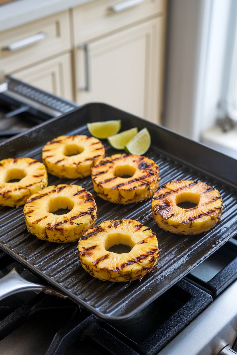 An indoor grill pan atop a stove searing pineapple rings with char marks and lime wedges alongside, photo, no text or logos.