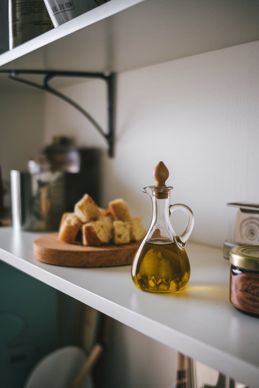 Indoor kitchen shelf displaying a small glass cruet of golden olive oil beside a dipping dish and bread cubes. No text or brand labels. Photo.