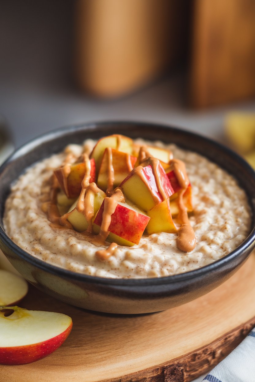 Indoor photo of a bowl of creamy oatmeal topped with cinnamon-stewed apple cubes and a drizzle of almond butter, no text or logos