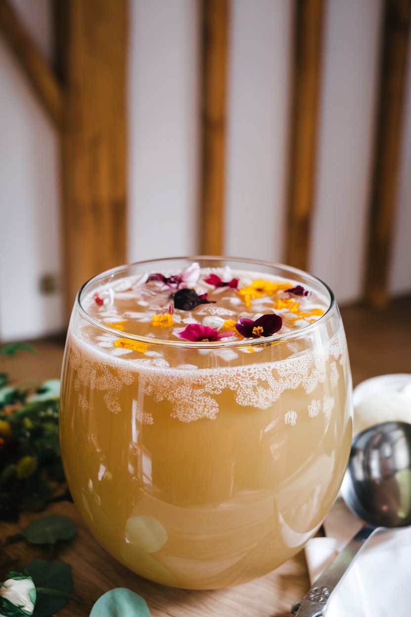 Indoor punch bowl of pale gold Champagne punch with floating edible flowers, ladle resting nearby. No text or logos.