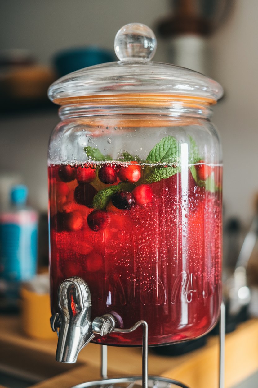 Indoor glass beverage dispenser of ruby punch with cranberries and mint leaves, bubbles rising. No text or logos. Photo only.