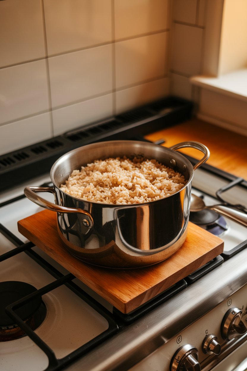 Photo of a stainless pot filled with freshly cooked brown rice on an indoor stove, overhead light, no text or logos