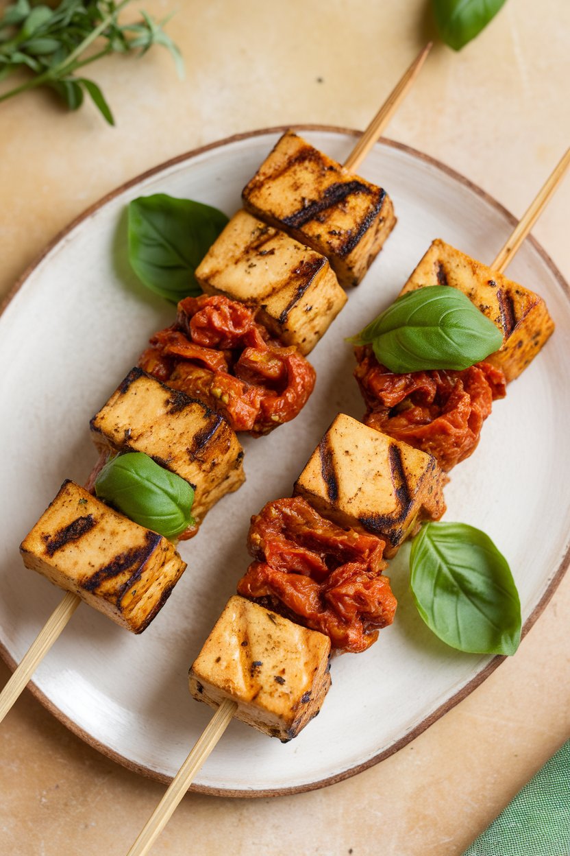 Indoor serving platter of grilled tofu cubes marinated in sun-dried tomato pesto, threaded on wooden skewers with fresh basil leaves. No text or logos present.