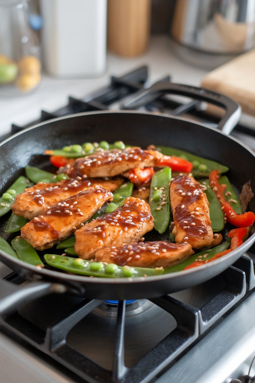 A skillet on an indoor stovetop with cooked chicken strips, snap peas, and bell peppers glazed in a shiny sesame ginger sauce. No text or logos.