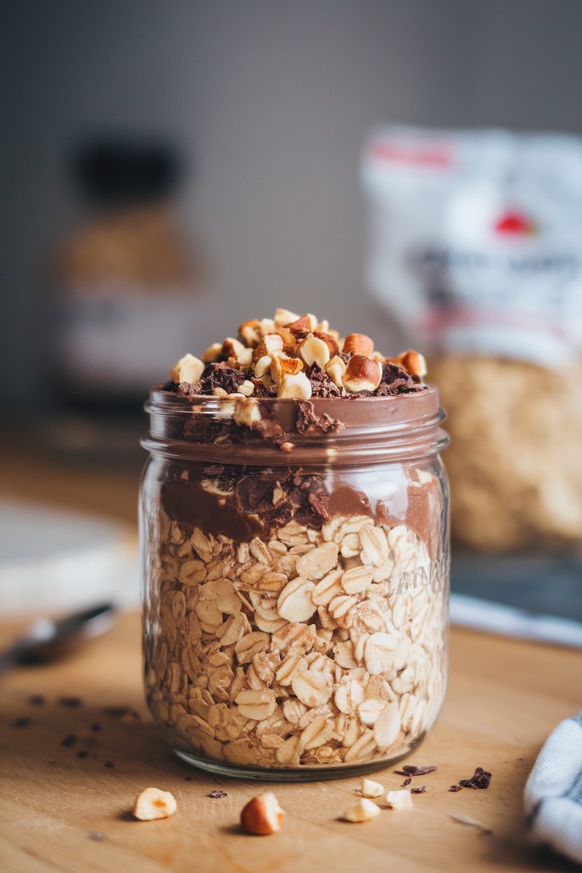 Indoor wooden countertop photo of a jar with chocolate oats topped with crushed toasted hazelnuts and cacao nibs. No text or logos. Photo only.