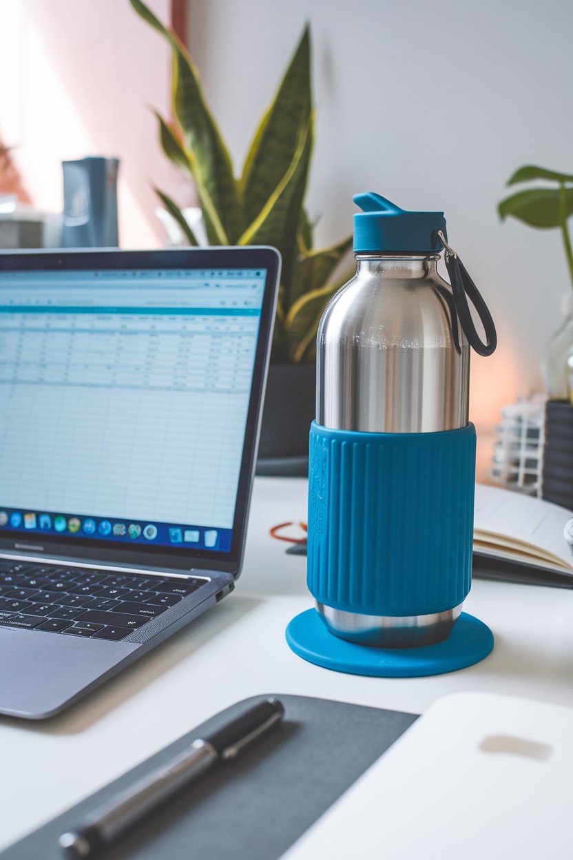 Photo — A reusable stainless-steel water bottle on an indoor office desk next to a laptop. No logos or text.
