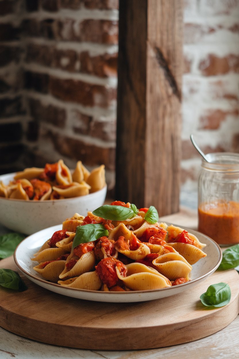An indoor counter featuring lentil pasta shells tossed with roasted tomatoes and smoky paprika dressing; no text or logos.