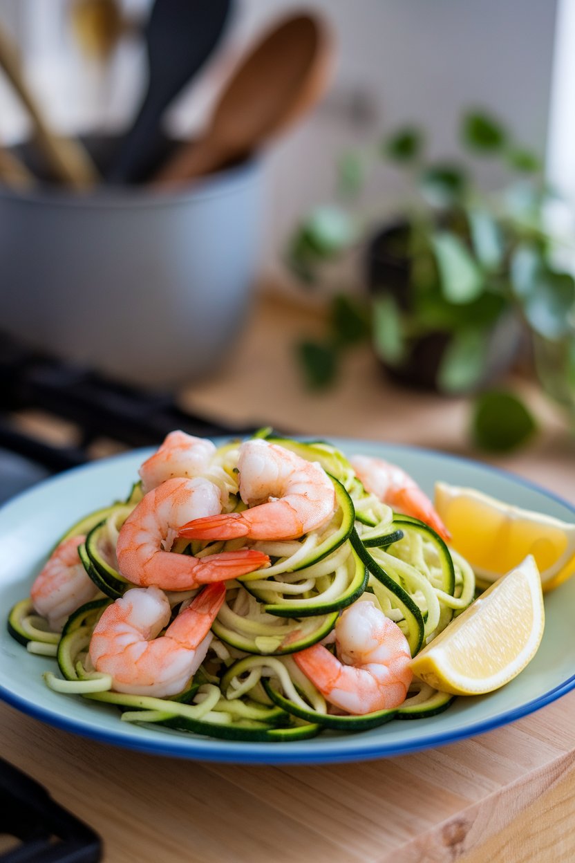 An indoor plate of sautéed shrimp tossed with spiralized zucchini noodles and lemon wedges; no brand markings.