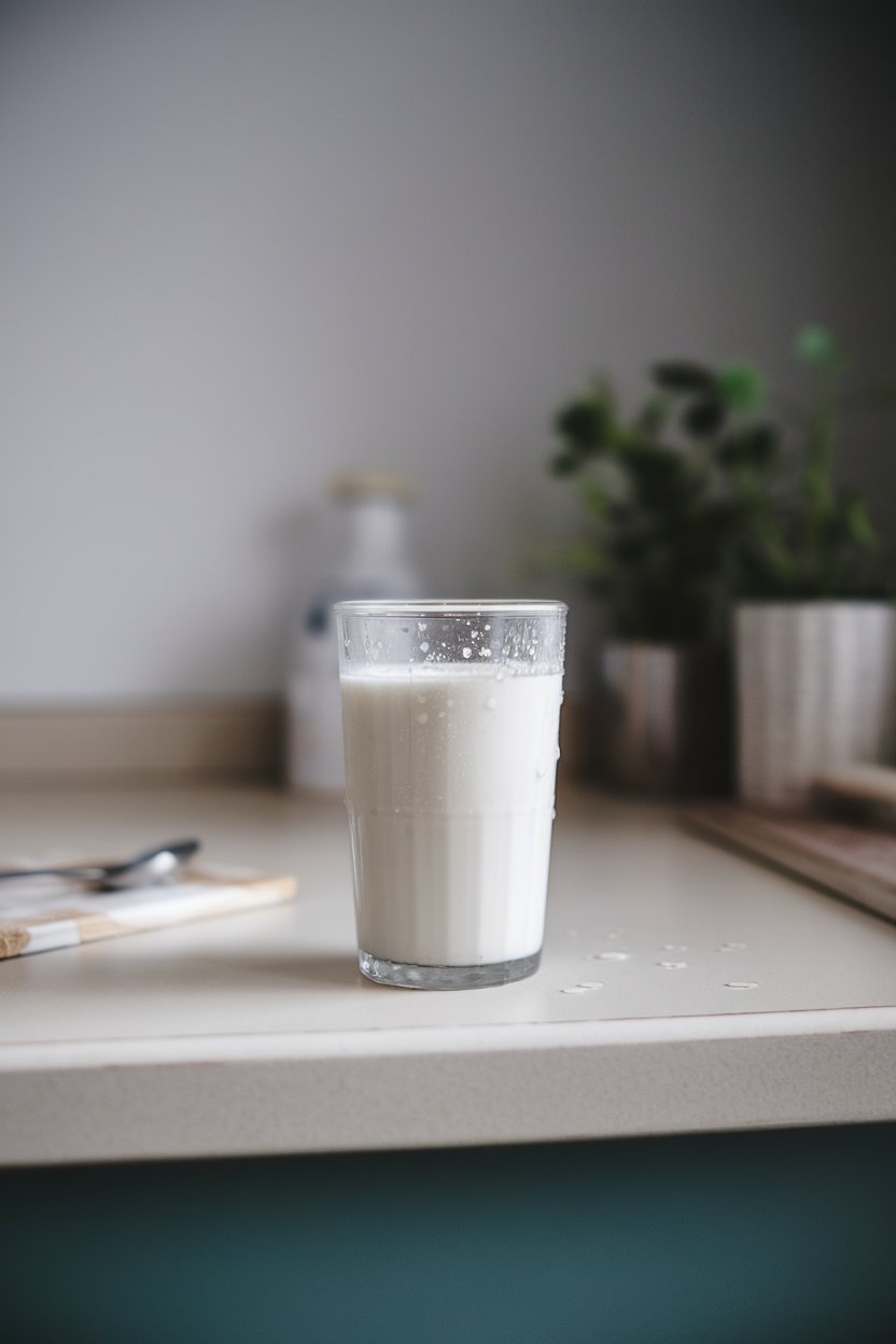 Photo of a glass of unsweetened almond milk on a smooth indoor countertop, soft ambient light, no text or logos