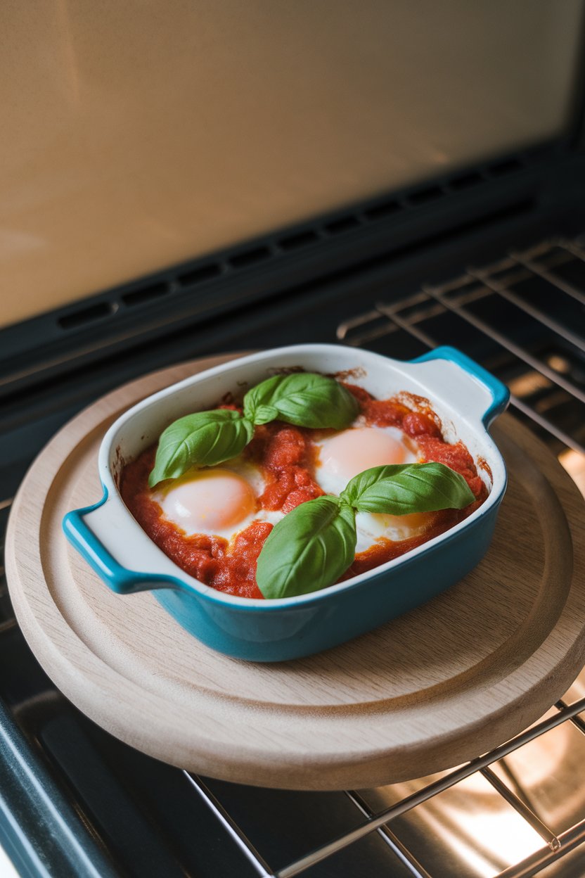 Indoor photo of a small baking dish with eggs baked in tomato sauce, basil leaves on top; oven-door light, no text or logos