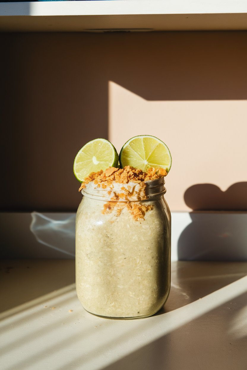 Indoor sunny counter shot of a jar of pale green oats, topped with lime wedges and crushed graham-style almond crumbs. No visible logos. Photo, not illustration.