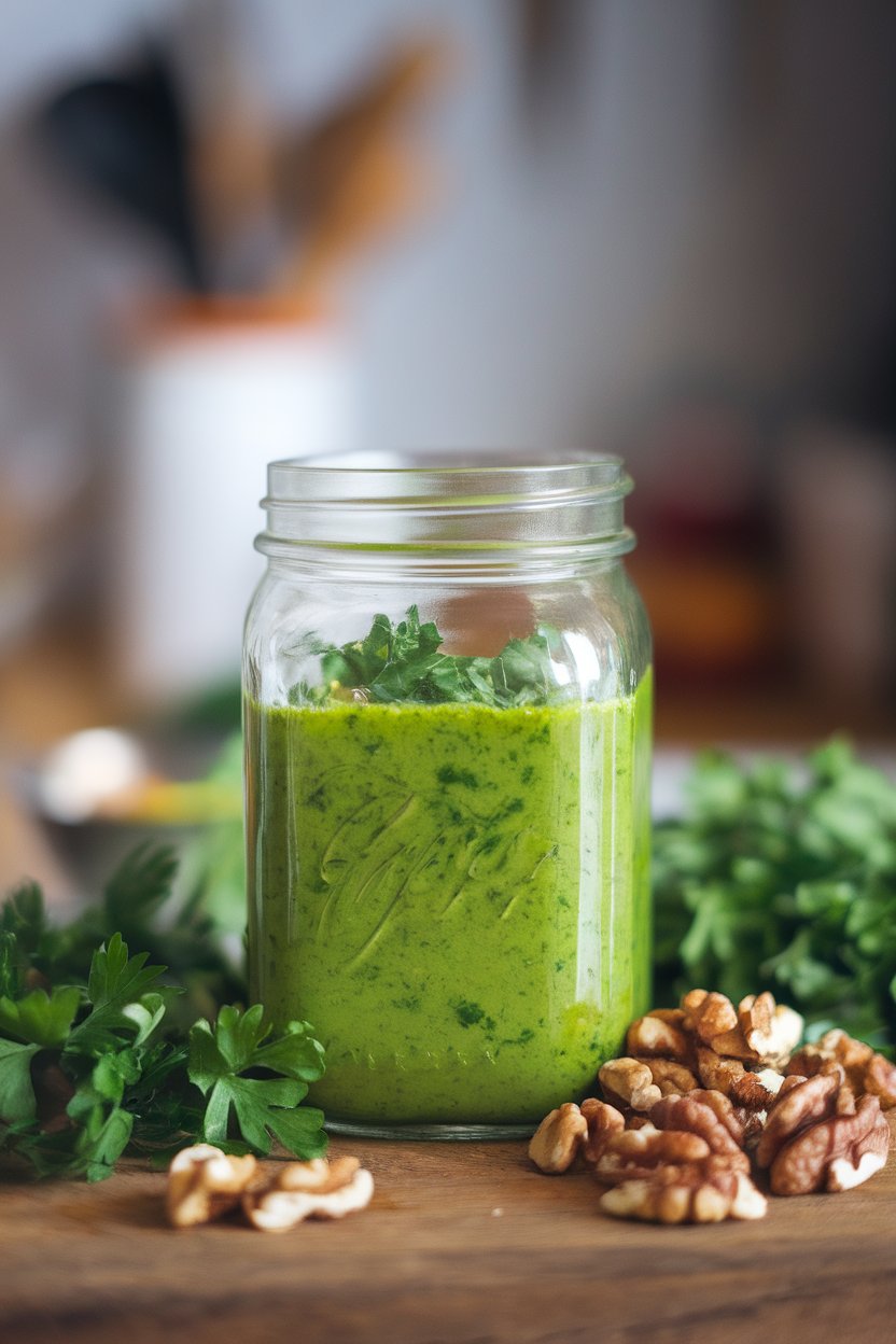Indoor tabletop featuring a mason jar of bright green parsley walnut dressing, chopped walnuts and parsley leaves around. Photo, not illustration. No text or logos.