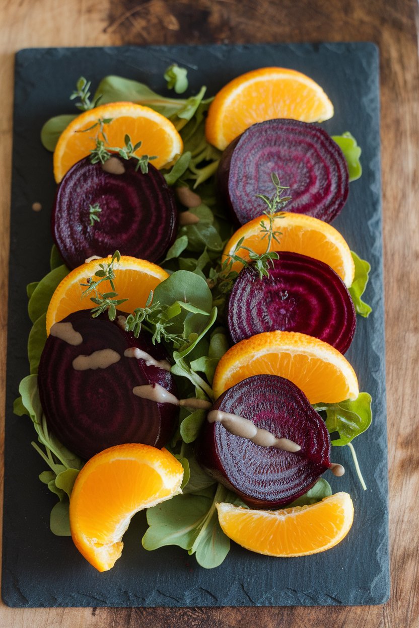 Indoor photo of sliced roasted beets arranged with orange rounds and baby greens on a slate plate. No text or logos; photograph.