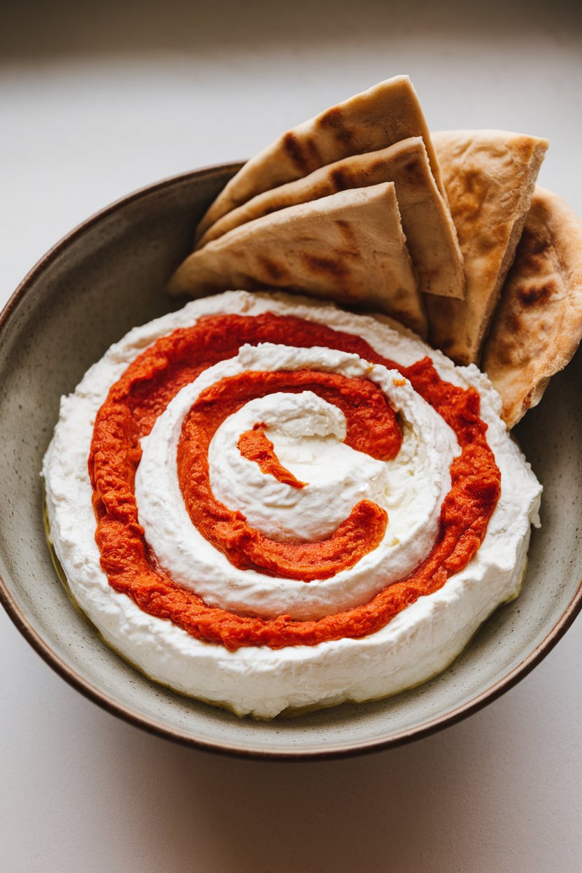 A shallow bowl of creamy whipped feta swirled with roasted red pepper purée, pita triangles on the side. No text or logos.