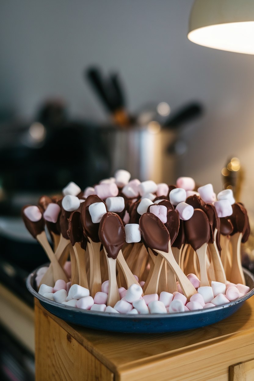 Wooden spoons coated with hardened chocolate and mini marshmallows arranged on an indoor tray. No text or logos. Photo.