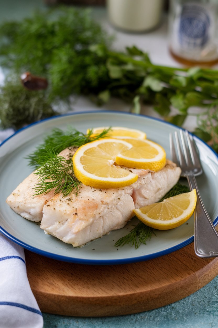 Indoor plate with cooked haddock fillet topped with fresh dill and lemon slices—no raw fish, no text or logos.