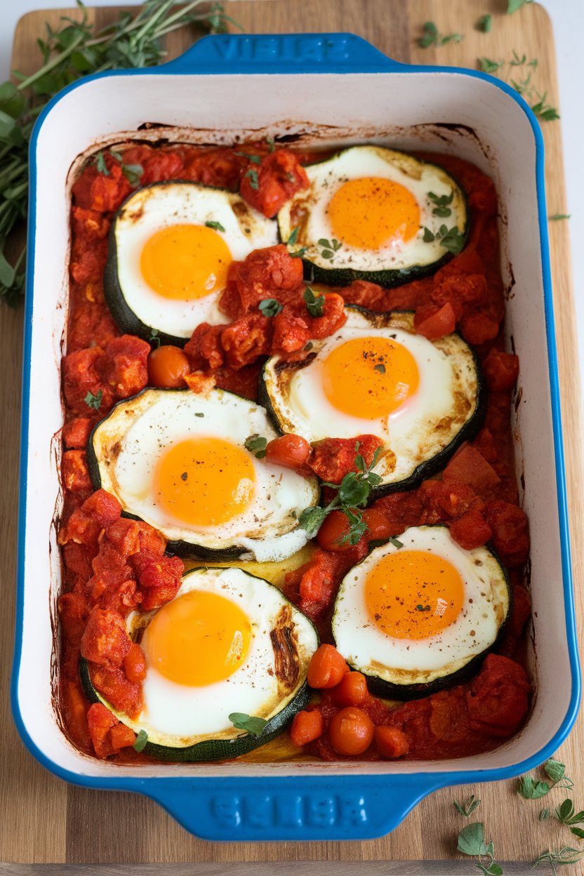 Indoor baking dish of baked eggs nestled in roasted zucchini and tomato sauce, yolks still runny. No logos.