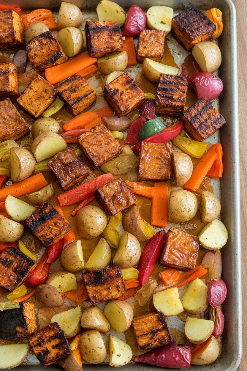 An indoor sheet pan showing cubed tempeh and vegetables glazed with maple Dijon sauce, roasted to a light char. No text or logos. Photo, not illustration.