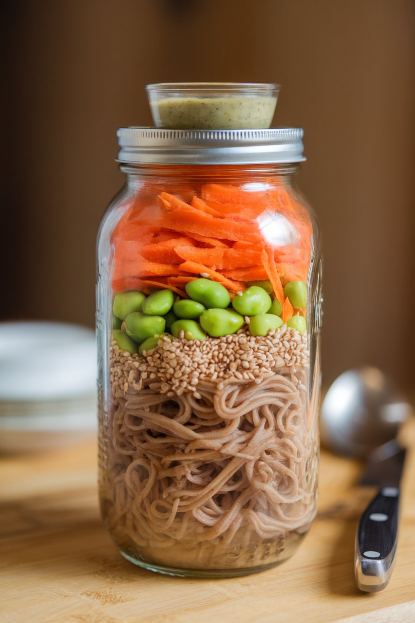 Indoor photo of a tall mason jar layered with cooked buckwheat soba noodles, shredded carrots, steamed edamame, and sesame seeds, with a small container of ginger dressing on top. No text or logos.