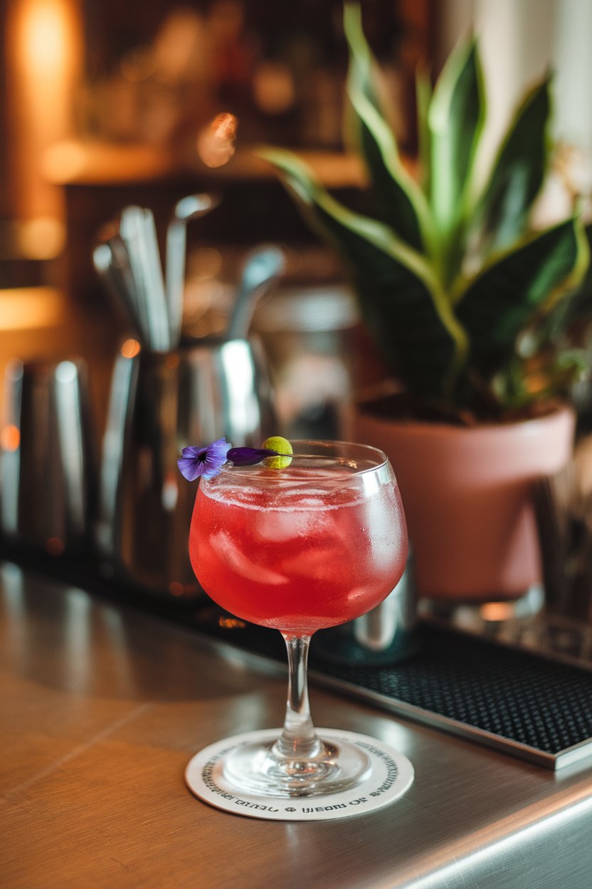 Indoor bar surface, tulip glass of ruby margarita, micro-edible flower floating; no logos.