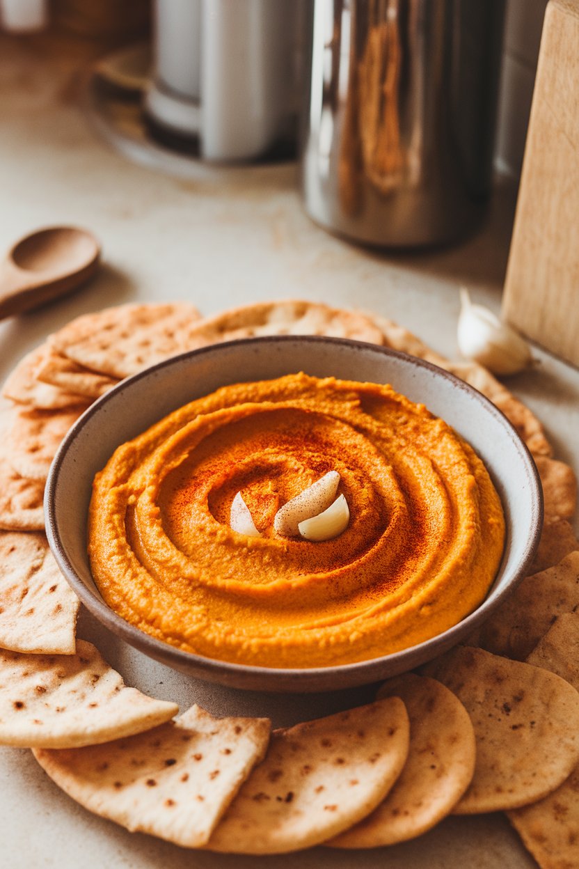 A shallow bowl of orange pumpkin hummus on a kitchen counter, surrounded by baked pita chips. No text or logos.