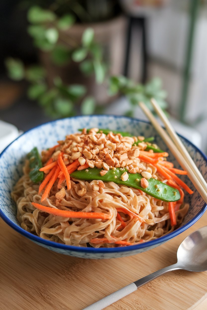 A shallow indoor bowl of rice noodles tossed with shredded carrots, snap peas, and creamy peanut dressing; photo only, no text or logos.