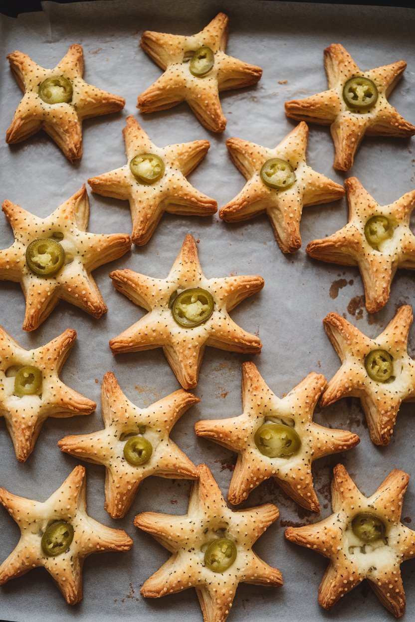 Star-shaped puff pastry pieces speckled with cheddar and jalapeño on an indoor baking sheet. No text or logos. Photo.