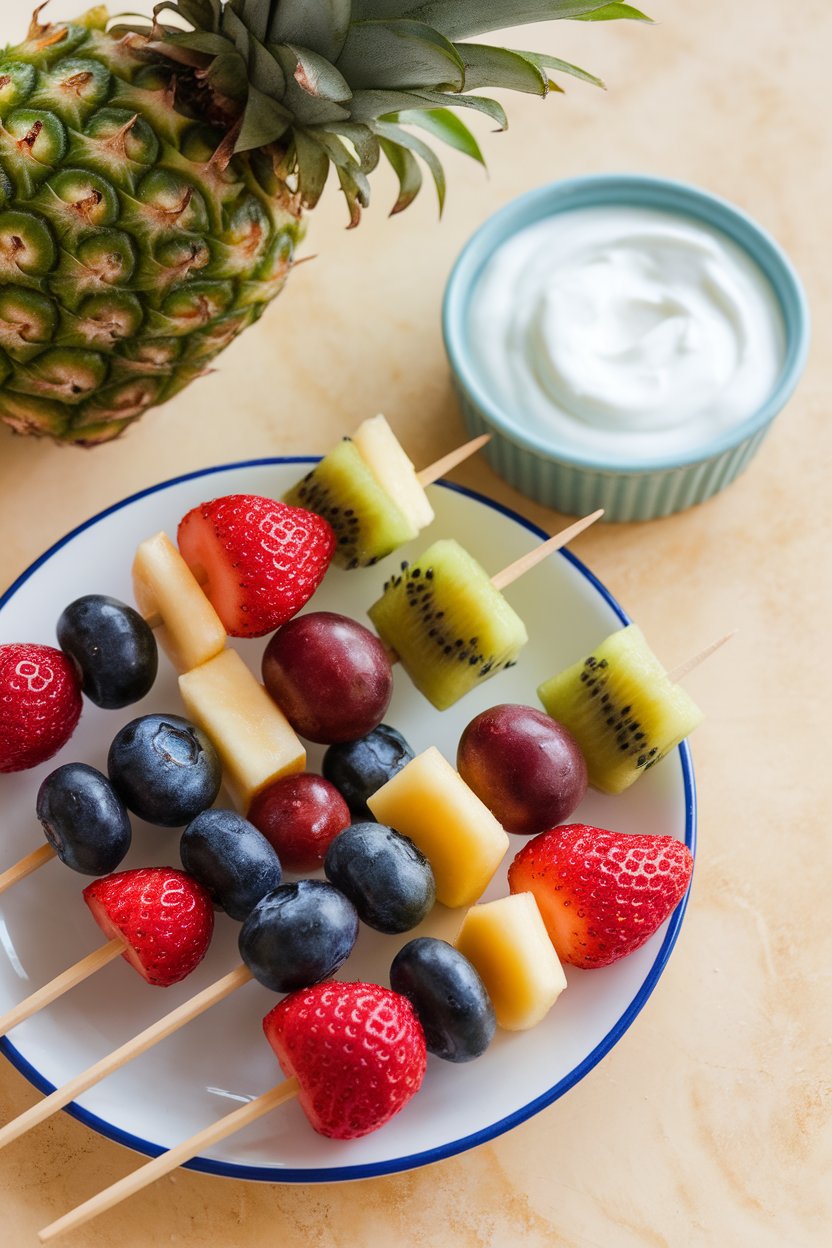 Indoor photo of fruit skewers on a plate beside a small bowl of vanilla Greek yogurt. No text or logos.