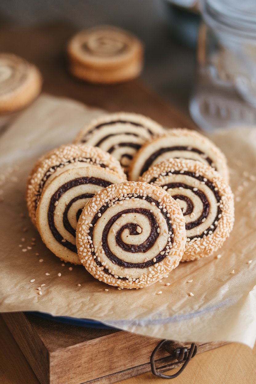 Spiral pinwheel cookies with dark date filling and sesame coating, displayed indoors on parchment. No text or logos.