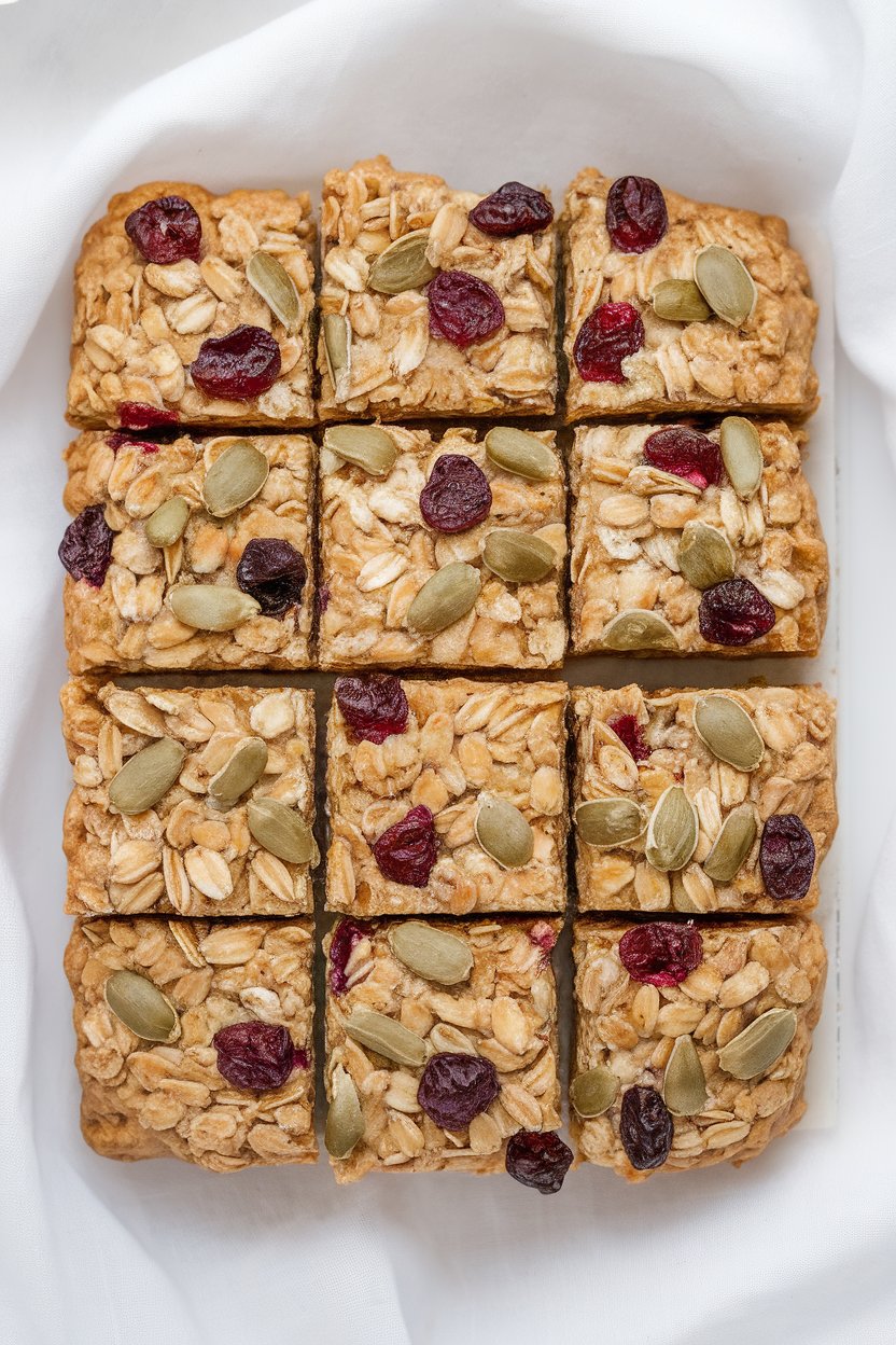 Indoor tray of square oatmeal bars studded with sunflower seeds and cranberries, neatly cut. No text or logos; photo.