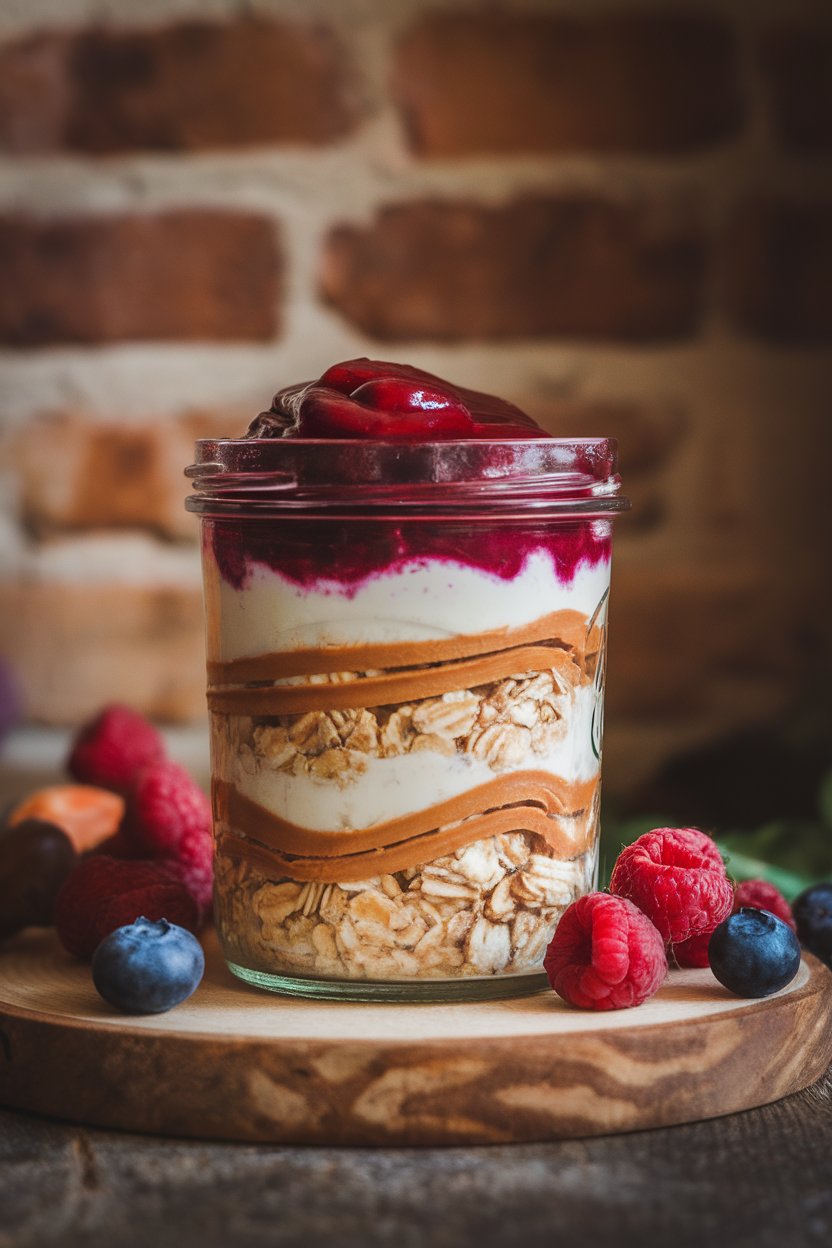 An indoor breakfast bar view of a clear glass jar layered with peanut butter streaks, oat mixture, and a ruby swirl of berry compote on top. Soft morning lighting, no text or logos. Photo, not illustration.