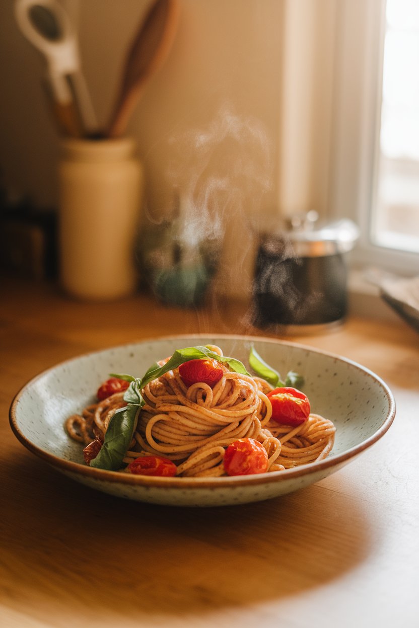 A warmly lit indoor kitchen counter showing a shallow bowl of whole-wheat spaghetti twirled with blistered cherry tomatoes, fresh basil ribbons, and a light drizzle of olive oil. Steam rises slightly. No text or logos in the scene. Photo, not illustration.