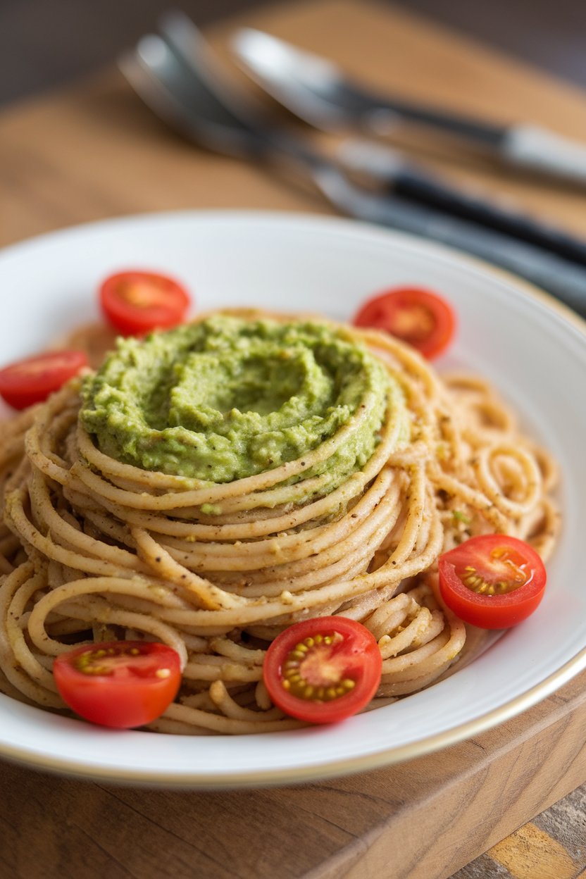 Indoor photo of whole-wheat spaghetti coated in green avocado pesto, cherry tomato halves scattered throughout. No text or logos.